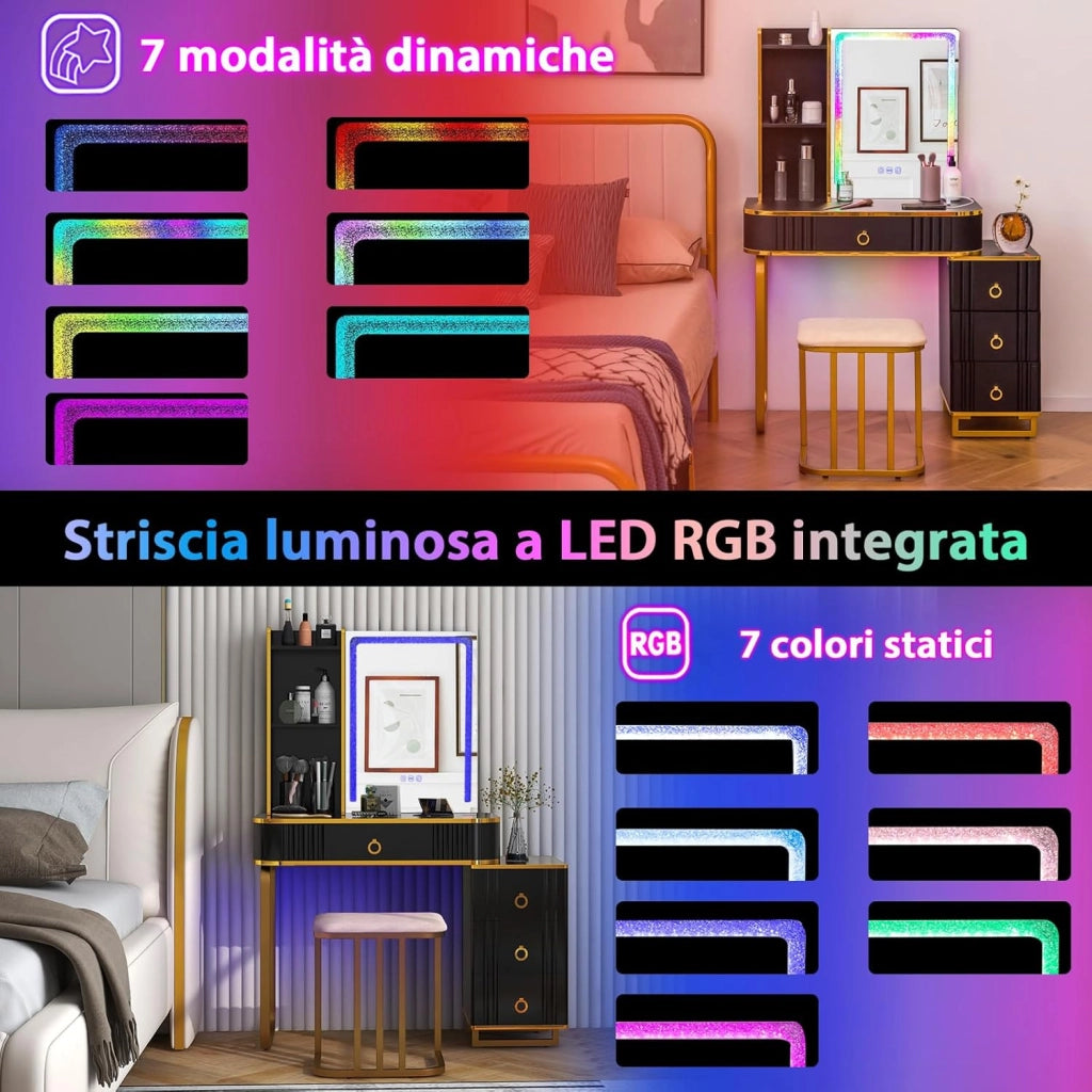 Toeletta da Trucco con Specchio e Luci, Tavolo da Trucco con Sgabello, Porta 7 Luci LED Dinamiche e 7 Luci Statiche Dimmerabili, Porte USB e 4 Cassetti, 80x40x137 cm