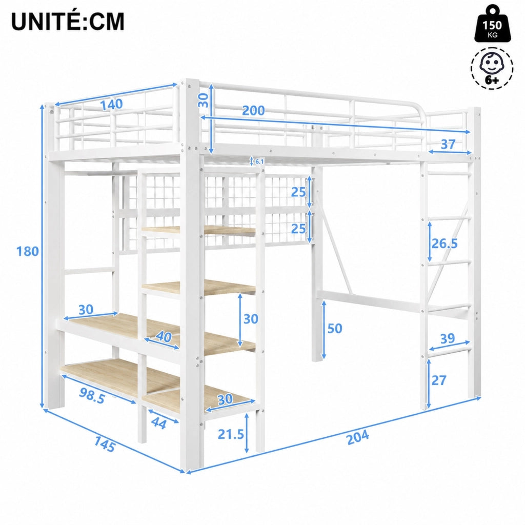 LETTO a soppalco 140x200 cm in metallo e MDF bianco con LED