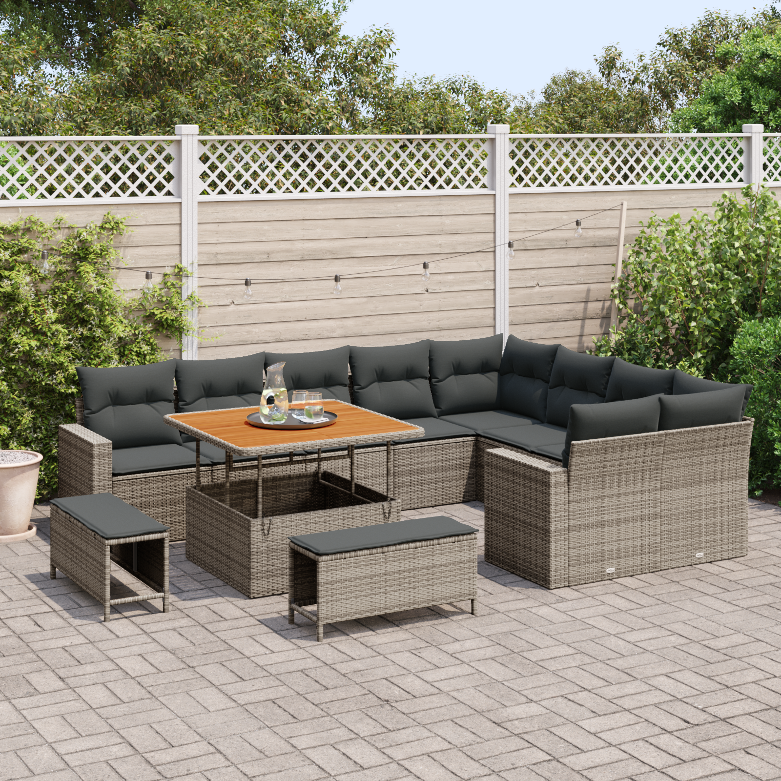 Set di Sofà da Giardino da 12 Pezzi con Cuscini Grigi Polyrattan Acacia