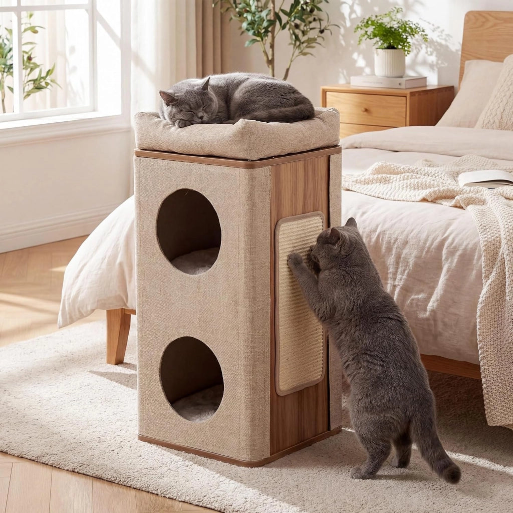 Tiragraffi per Gatti a Torre 77,5 cm, 3 Piani con 2 Grotte, Cuccia Albero per Gatti con Piastra Tiragraffi, Copertura Rimovibile e Cuscino, Tubo Stabile Ø38, Beige e Naturale