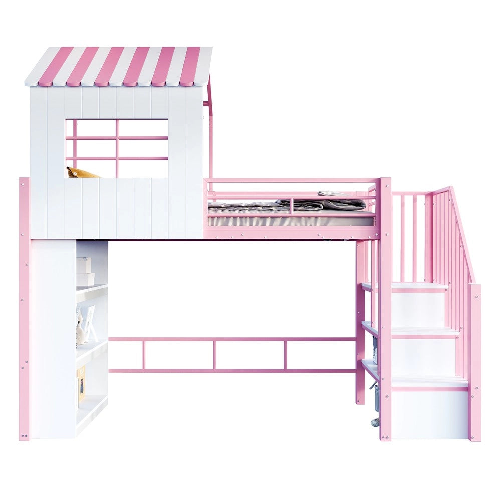 Letto a Soppalco Singolo in Metallo con Scala e Ripiani ¨C Xylo ¨C Rosa 90x200