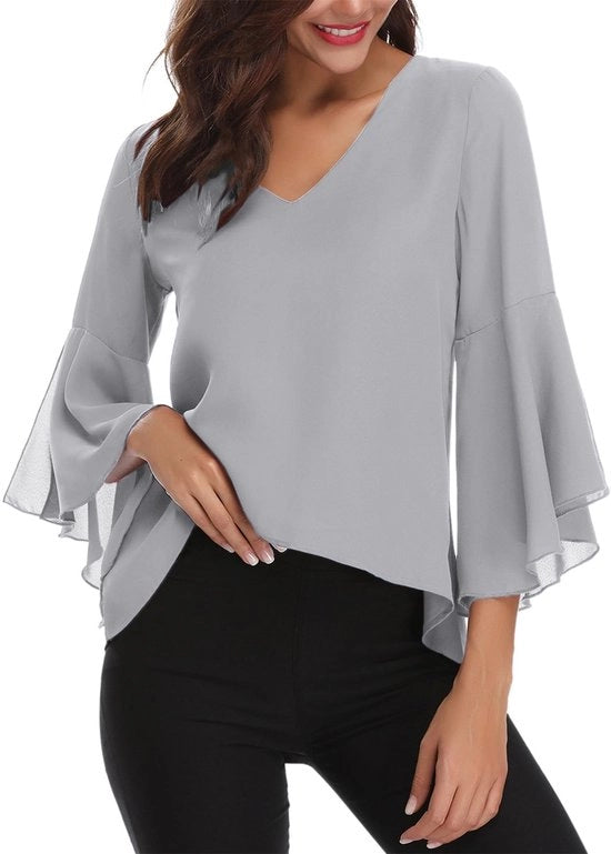 Blusa Casuale per Donne con 3/4 Maniche e Collo V in Chiffon