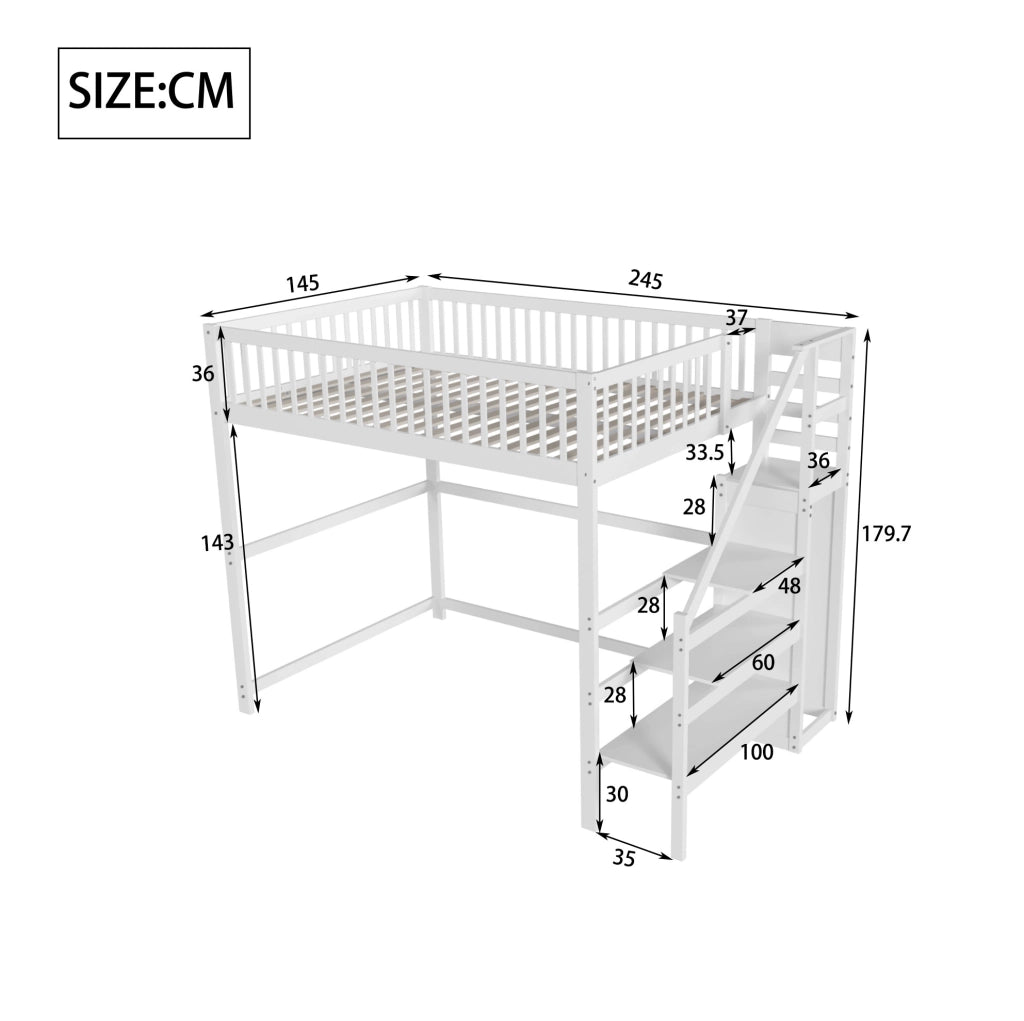 Letto a soppalco 140x200 cm bianco – scala contenitore, senza materasso