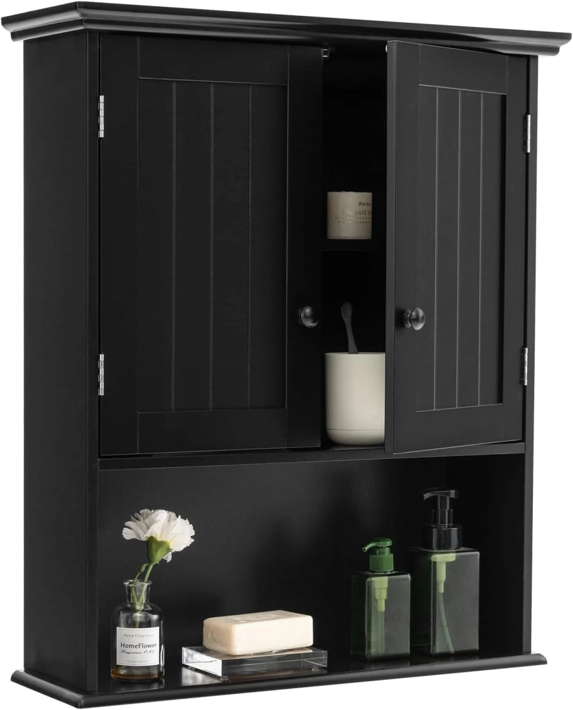 Mobiletto Pensile da Bagno, Mobile Armadietto Bagno sospeso con 2 Porte, Armadietto a Muro delle Medicine, Mensola Regolabile, Capacità di 30 kg (Nero)