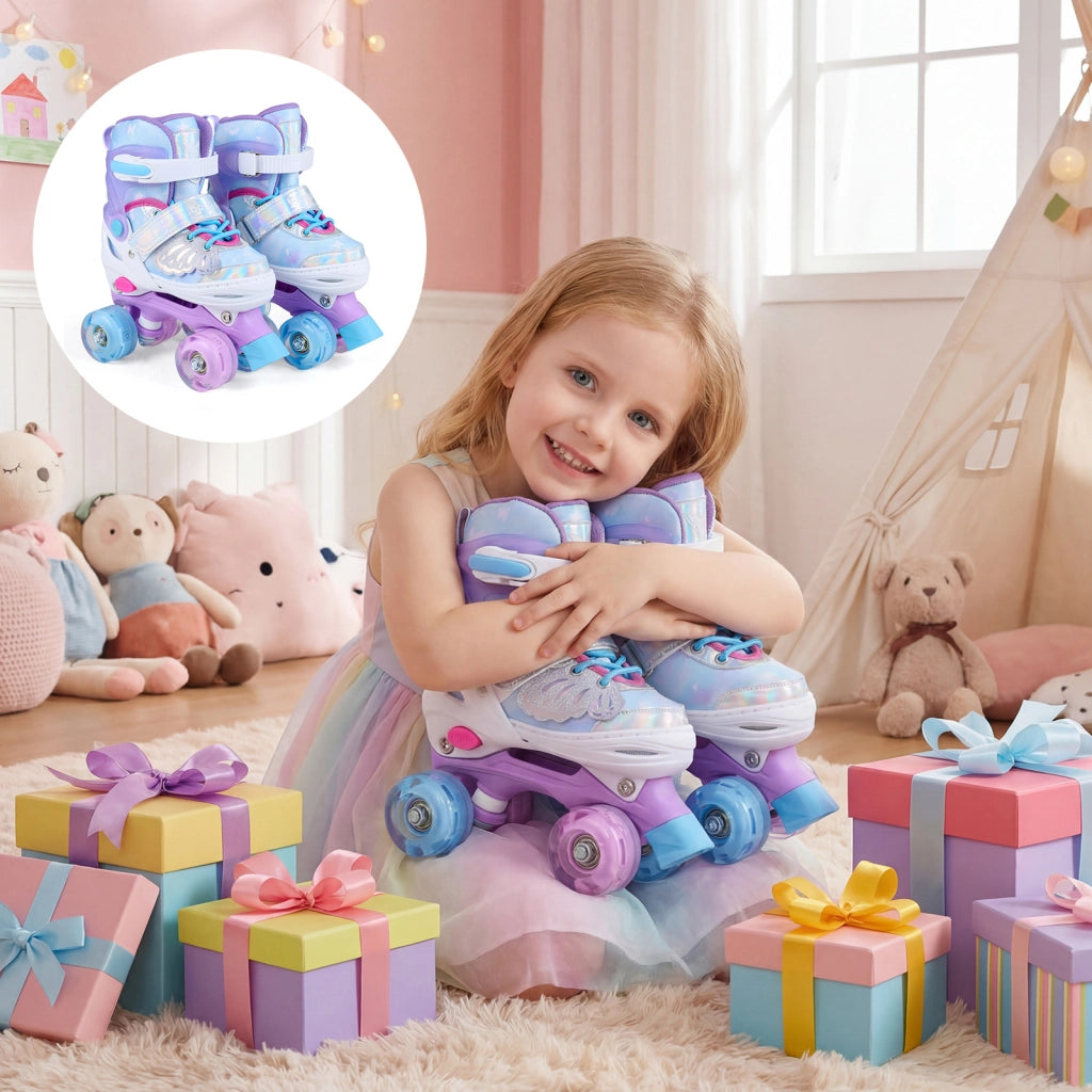 Pattini a rotelle per bambina con diversi strati protettivi e 4 ruote luminose con freno, Pattini a rotelle regolabili in 4 taglie Blu S