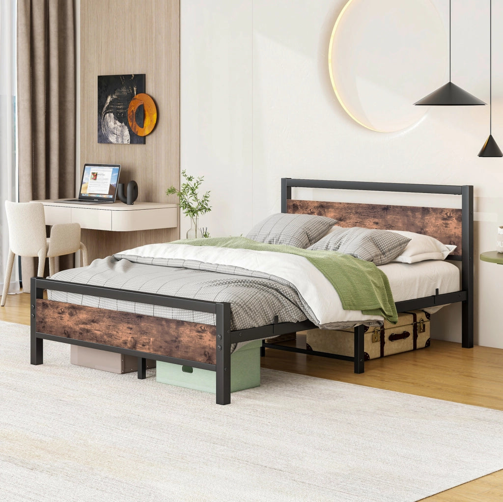 Struttura letto 140x190 cm in metallo e MDF; rete a doghe; marrone antico