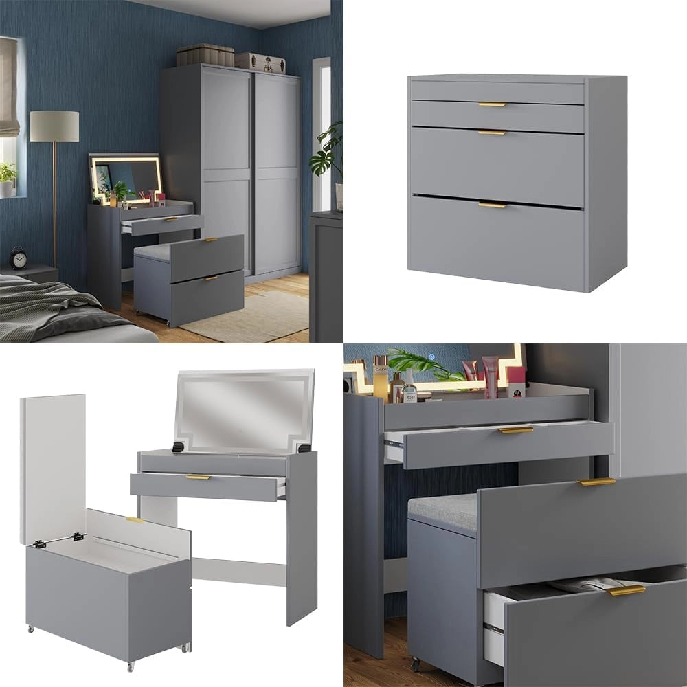 Tavolino da toilette Wanja, Grigio, 80 cm con panca e specchio LED, utilizzabile come tavolo da trucco e scrivania con sgabello girevole
