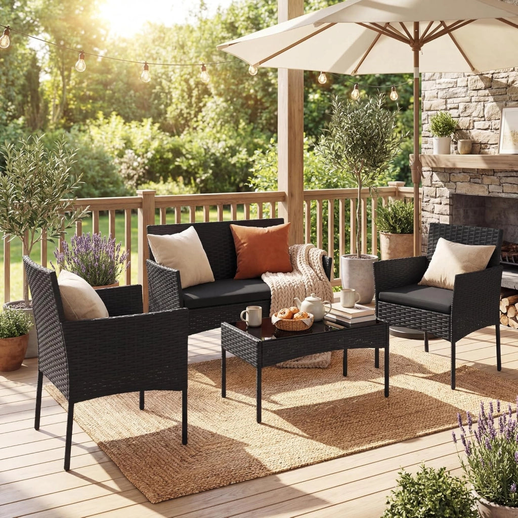 Salotto da Giardino Esterno 4 Pezzi, Set da Esterno in Rattan con Tavolino con Piano in Vetro, Divano 2 Posti e 2 Poltrone, Set da Conversazione con Cuscini per Patio, Balcone e Terrazzo (Nero)
