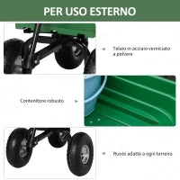 Carrello da Giardino con Struttura in Acciaio e Pneumatici, 108x52x100cm, Verde
