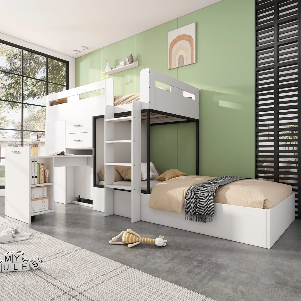 Letto a castello multifunzionale 90x200 cm con scrivania estraibile, armadio, cassetti e ripiani, bianco e nero