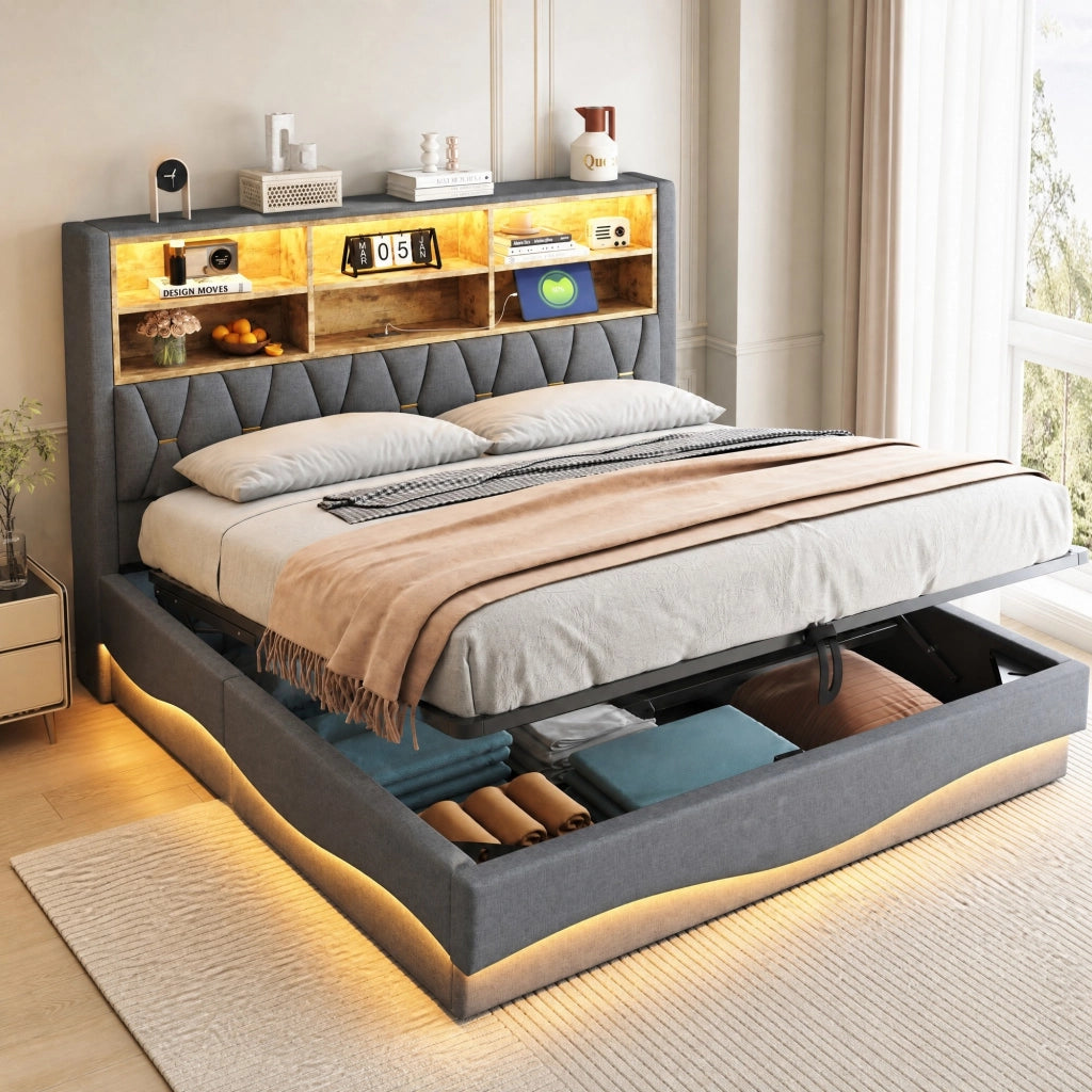 Letto matrimoniale multifunzione 180x200 cm con LED, USB e contenitore, grigio