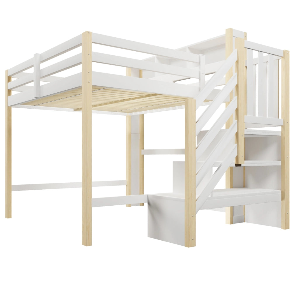 Letto a soppalco 140x200 cm con LED, scala contenitore e ampio spazio inferiore