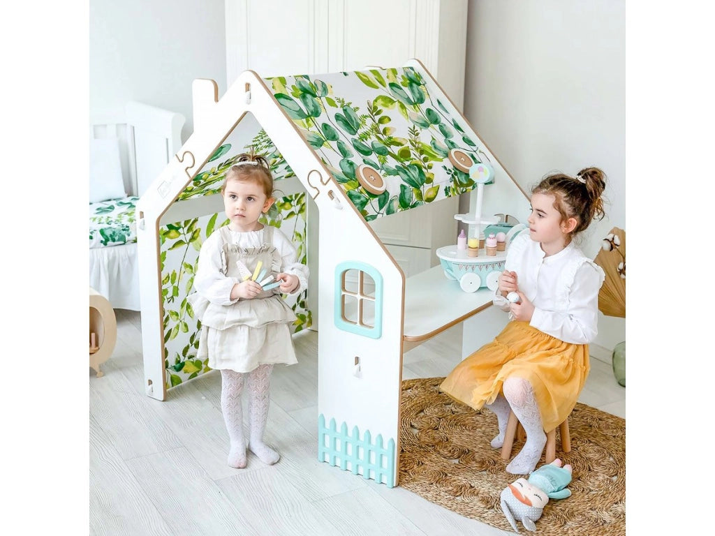 Casetta per bambini in legno "Bianelli" con scrivania - 114 x 93 x 120 cm - Bianca/ Verde