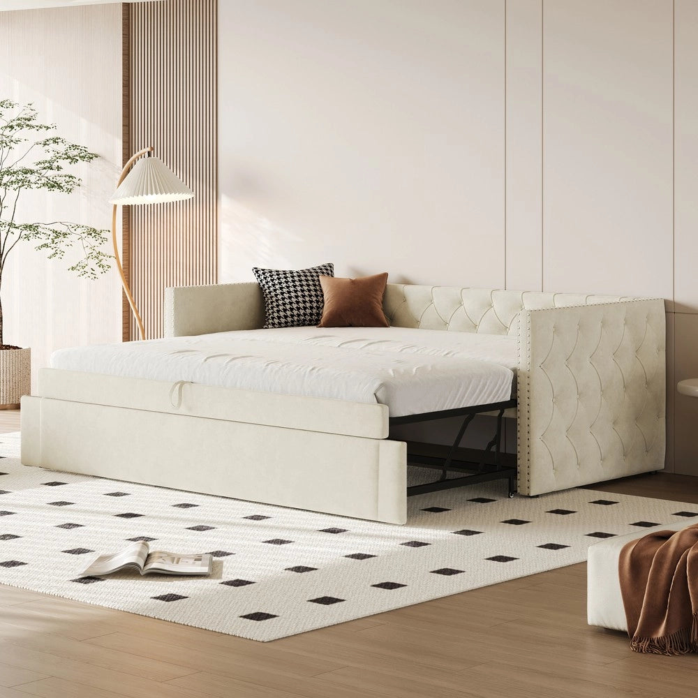 Letto Imbottito Estraibile con Rete a Doghe ¨C Xylo ¨C Velluto Beige 90x200