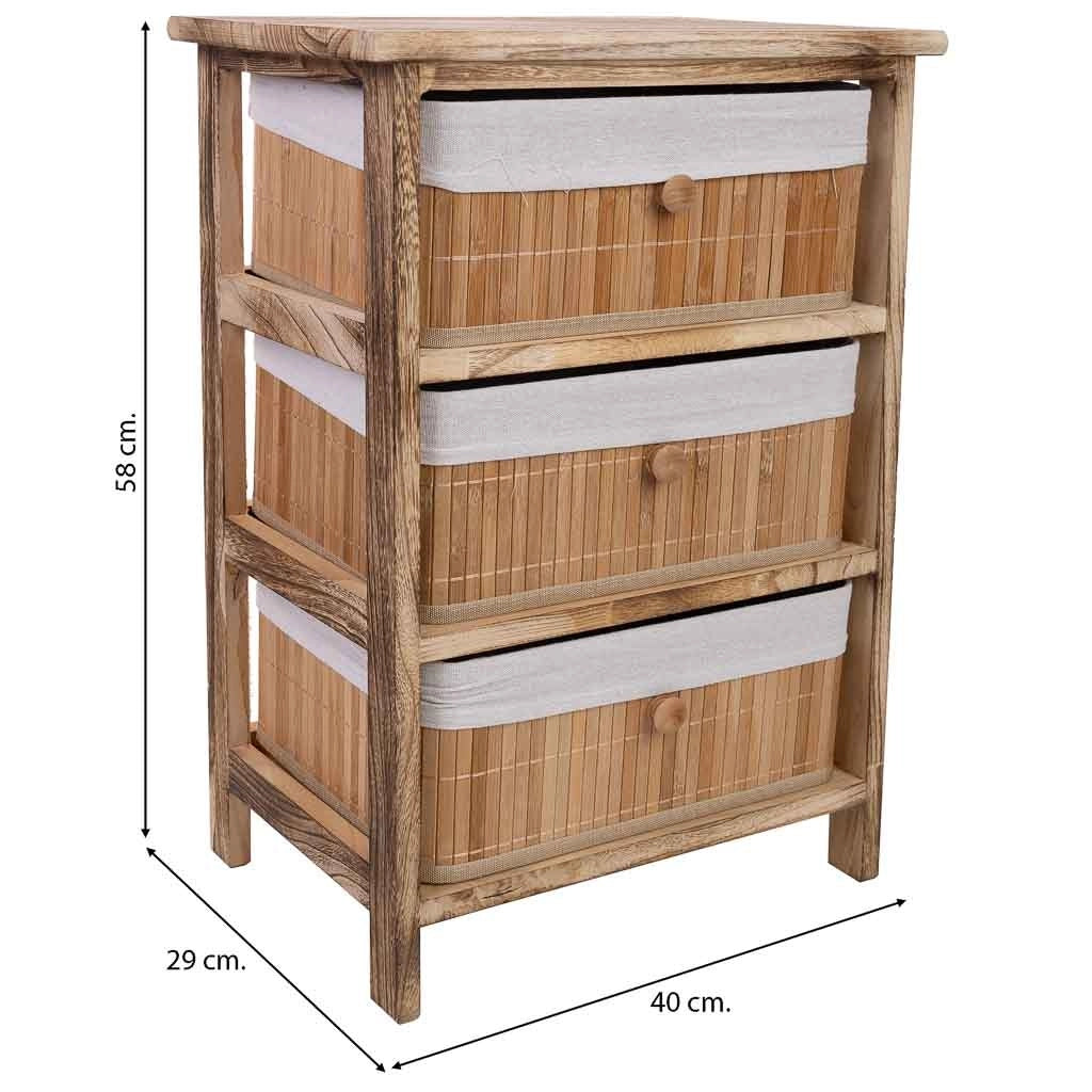Cassettiera in legno con 3 cassetti in bambù foderati 40x29x58