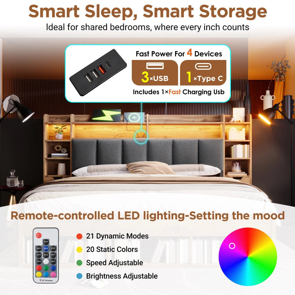Letto matrimoniale 160x200 cm effetto rovere con LED; porte USB e USB-C; contenitore