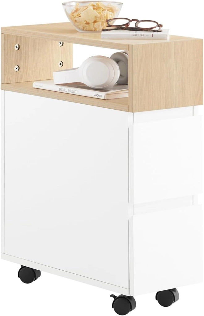 Tavolino Stretto con Rotelle e 2 Cassetti - Tavolino da Notte Multifunzionale per Camera da Letto/Soggiorno, Mobile con Rotelle Bianco/Naturale 50x20x61cm FBT155-WN