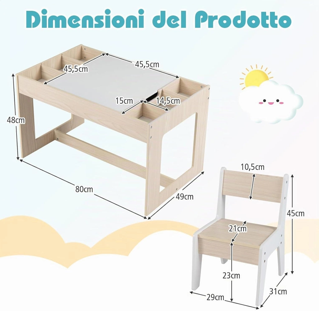 Set Tavolo Multifunzionale per Bambini e 2 Sedie, Tavolo e Sedie in Legno con Piano Doppio Rimovibile, Lavagna Nera & Lavagna Bianca, Compartimenti Laterali con Divisori Staccabili (Naturale)