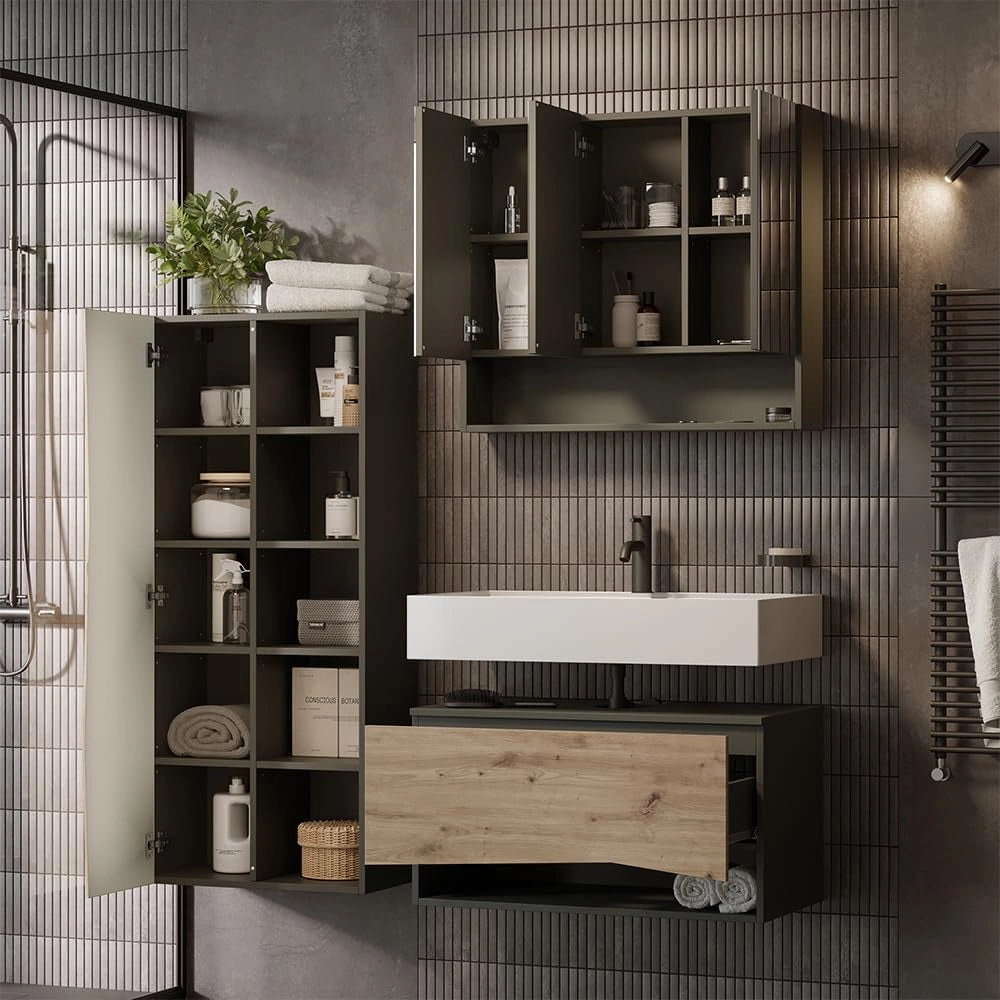 Set di mobili da bagno Willow, Artigiano, 80 cm, composto da mobile sottolavabo, specchiera e colonna alta