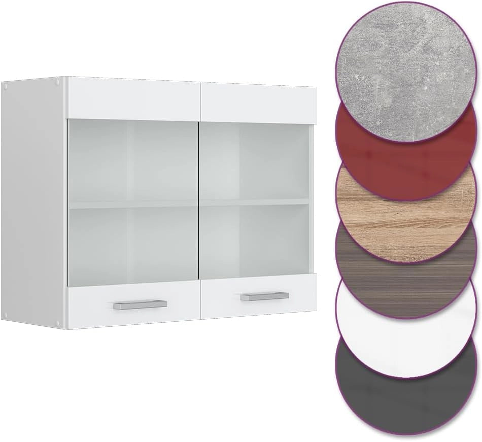 Mobile da cucina in vetro R-Line, Bianco lucido, 80 cm, per la libera combinazione all'interno di sistemi cucina modulari