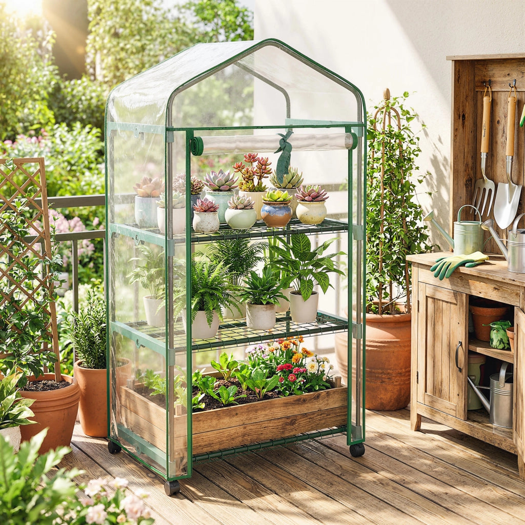 Serra da giardino con 3 ripiani, copertura in PVC, porta a rullo ¨C zephmum ¨C trasparente 69x49x130 cm
