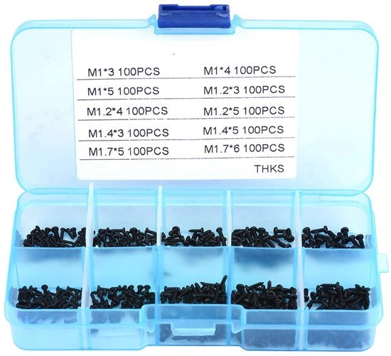 Set di viti a secco 1000 pezzi - viti a secco assortimento M1 - contenitore di stoccaggio in plastica - viti a secco in acciaio inossidabile - nero - set di viti a secco