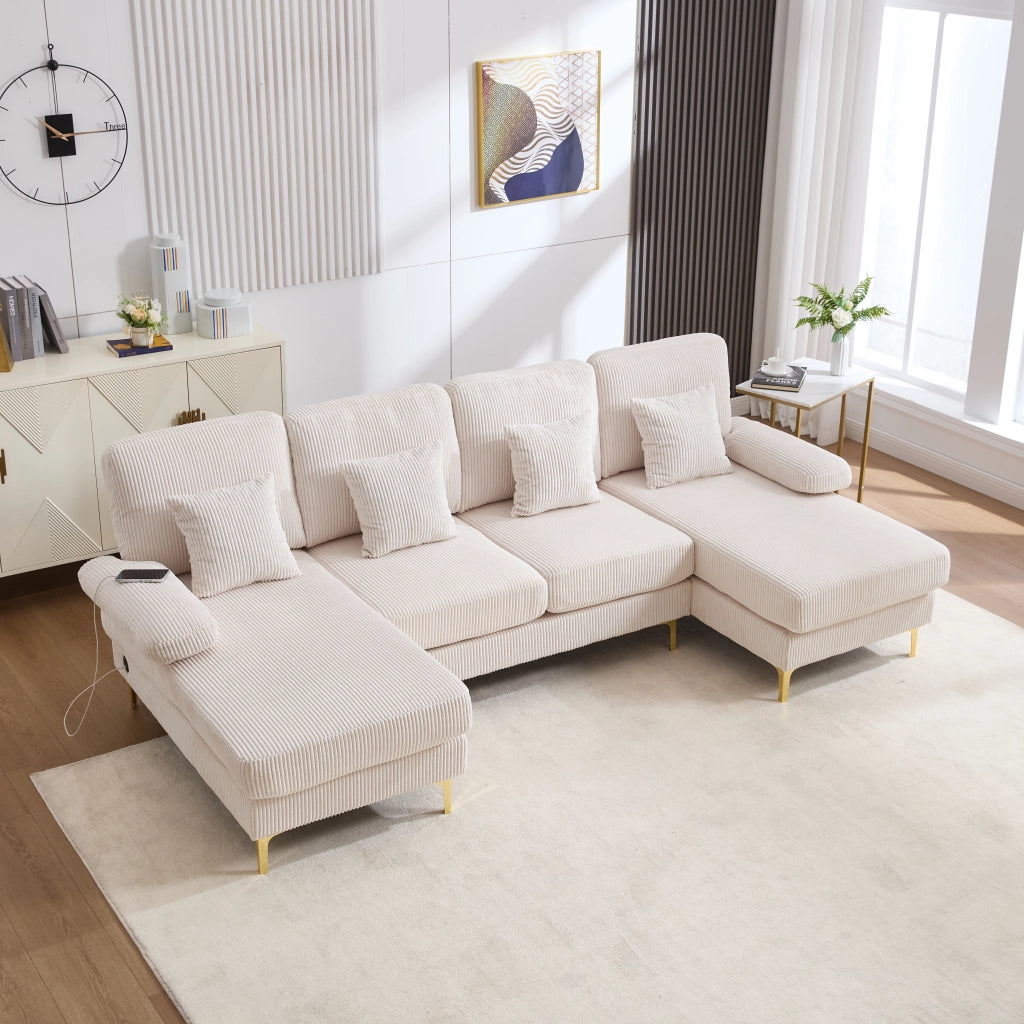 Divano a U con LED Integrato e Porta USB; Schienale Ergonomico e Seduta Profonda in Velluto Beige