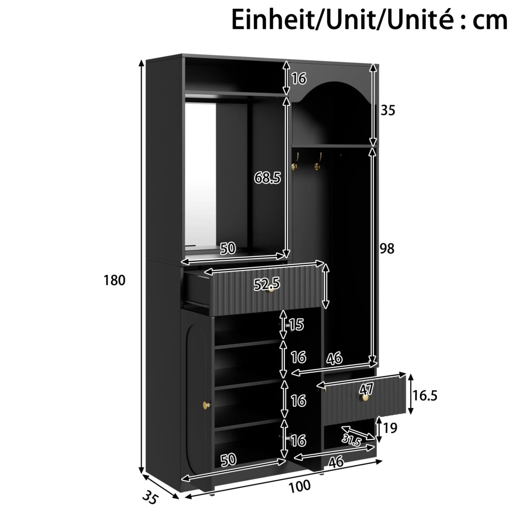 Mobile guardaroba ingresso 100x35x180 cm in MDF nero con specchio， panca e LED