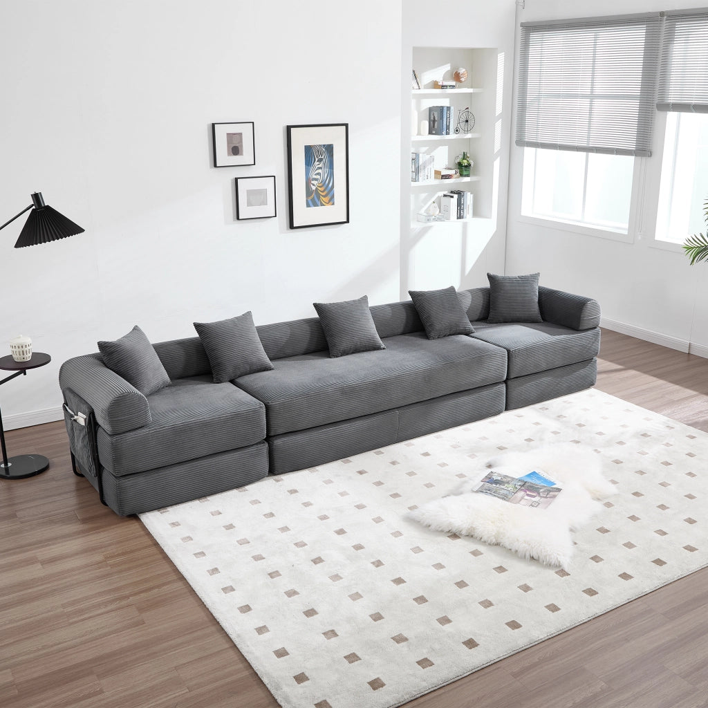 DIVANO Modulare con tasca laterale 270 x 180 x 64 cm in velluto a coste grigio scuro