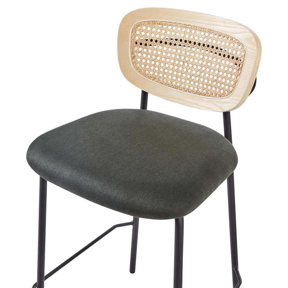 Set di 2 sedie da bar Verde Scuro Rivestimento in poliestere nero Schienale in rattan naturale a treccia viennese Gambe in metallo nero Sgabelli senza braccioli