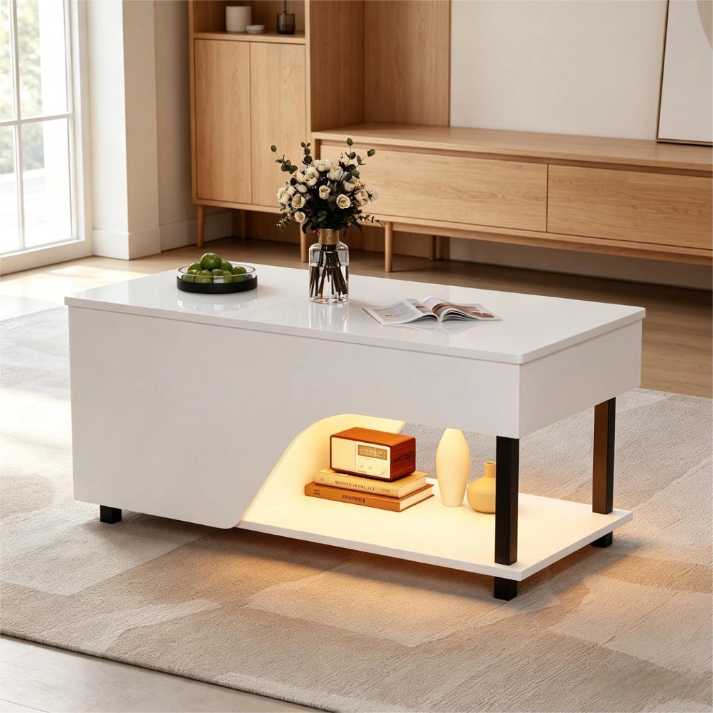 Tavolino lucido, illuminazione a LED, altezza regolabile, design traforato, 50 x 100 x 46 cm, bianco