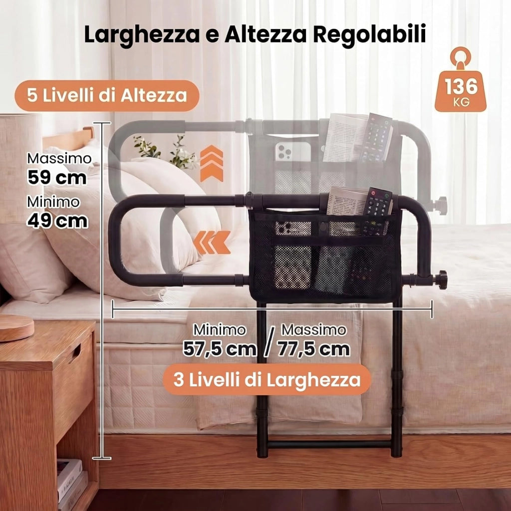 Sponda Letto Anziani Regolabile e Pieghevole, Altezza/Larghezza Aggiustabile, Tasca Rimovibile, Maniglie Imbottite e Base a U, Adatto a Letti King/Queen, Supporto fino a 136 kg (Nero)