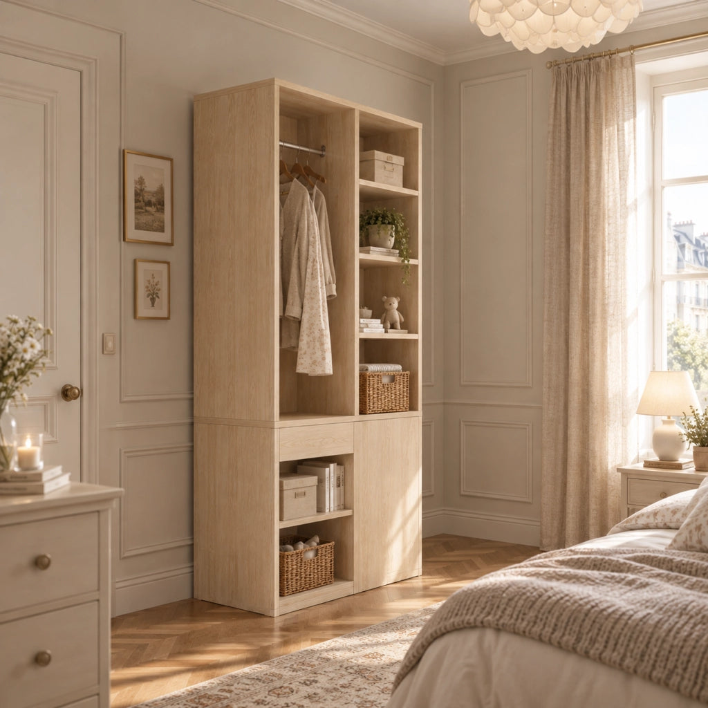 Armadio guardaroba 70x50x170 cm con appendiabiti; ripiani aperti e cassetti in MDF e compensato