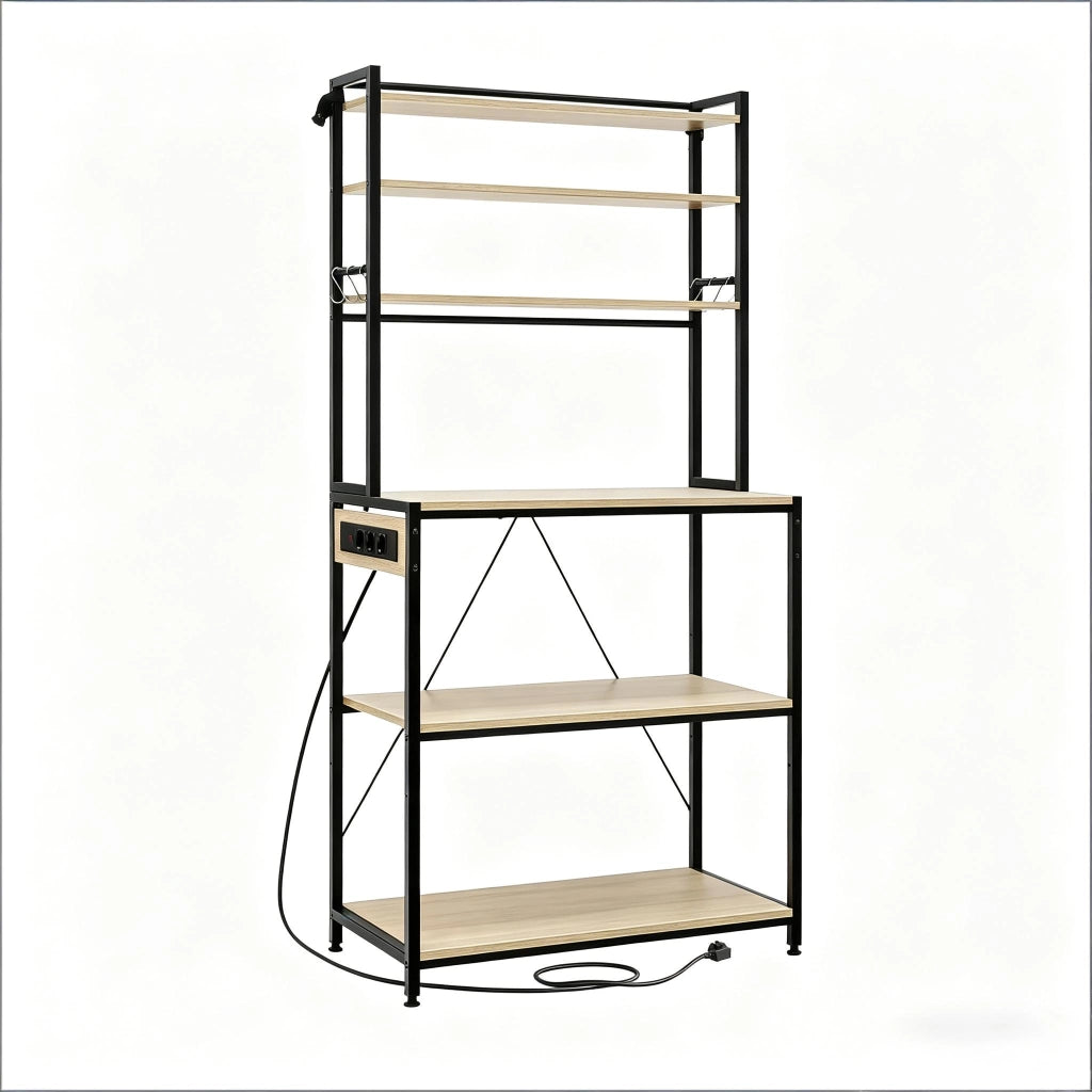 Scaffale da cucina con prese elettriche, 6 ripiani aperti, 6 ganci, effetto quercia chiara