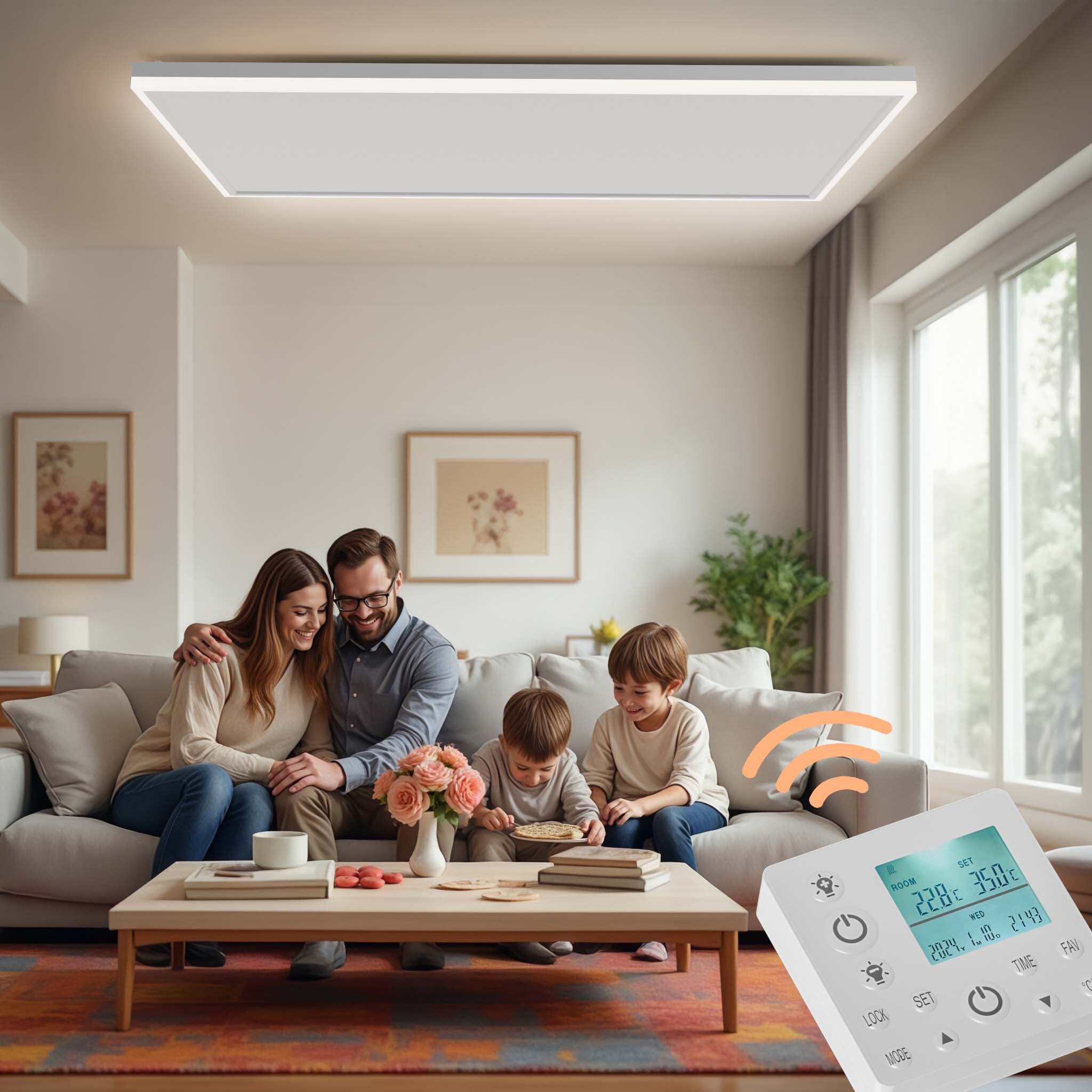 Riscaldamento a soffitto 660 W, pannello per riscaldamento a infrarossi con luce LED e termostato, 108 x 63 x 3,5 cm