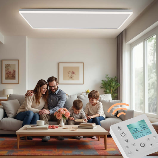 Riscaldamento a soffitto 660 W, pannello per riscaldamento a infrarossi con luce LED e termostato, 108 x 63 x 3,5 cm