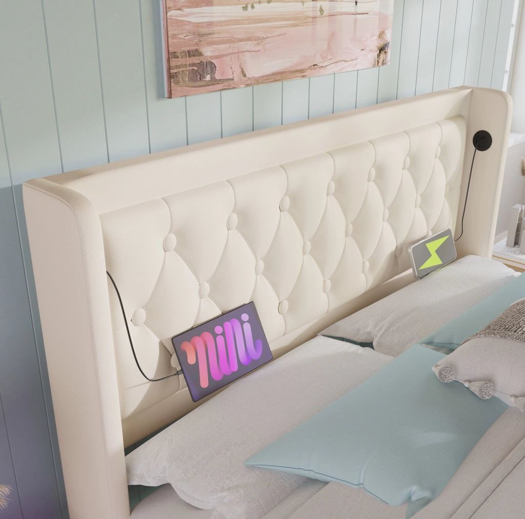 Letto matrimoniale 140x200 cm imbottito in PU bianco con contenitore; USB e LED