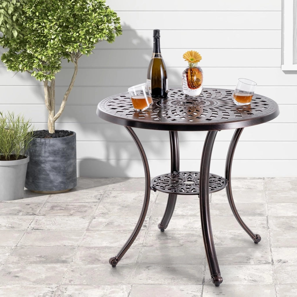 Tavolo da giardino rotondo con foro per ombrellone, tavolo da balcone con ripiano inferiore e piedini regolabili, tavolo da bistrot con alluminio pressofuso, tavolo da pranzo per balcone