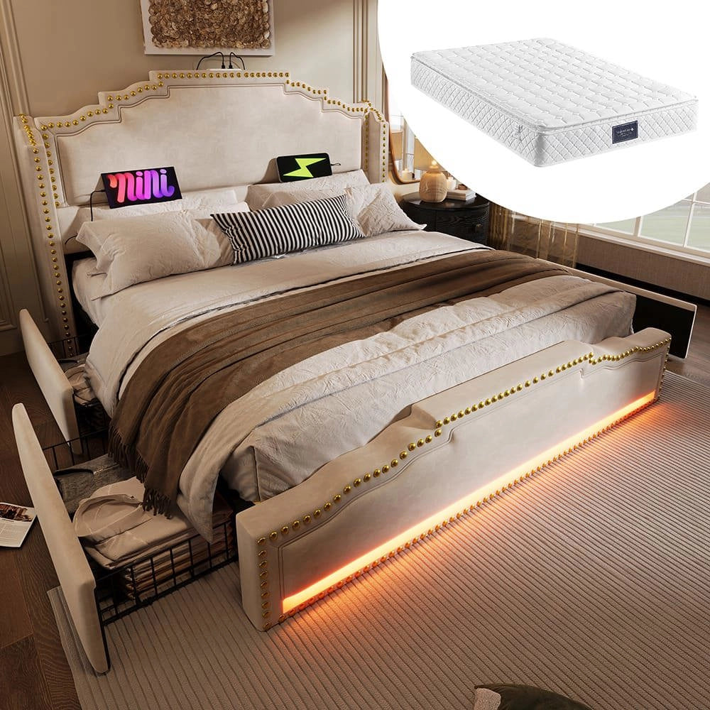 Letto matrimoniale-Xylo-160x200 cm-4 cassetti, LED, USB-C, velluto beige, con materasso