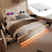 Letto matrimoniale-Xylo-160x200 cm-4 cassetti, LED, USB-C, velluto beige, con materasso
