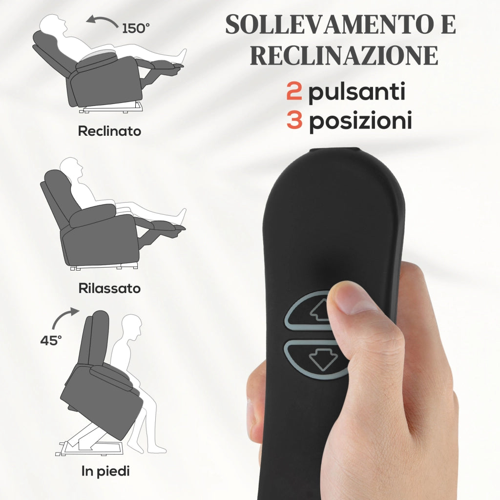Poltrona Alzapersona Massaggiante e Reclinabile con 2 Tasche e Telecomando, 93x104x105 cm, Grigio