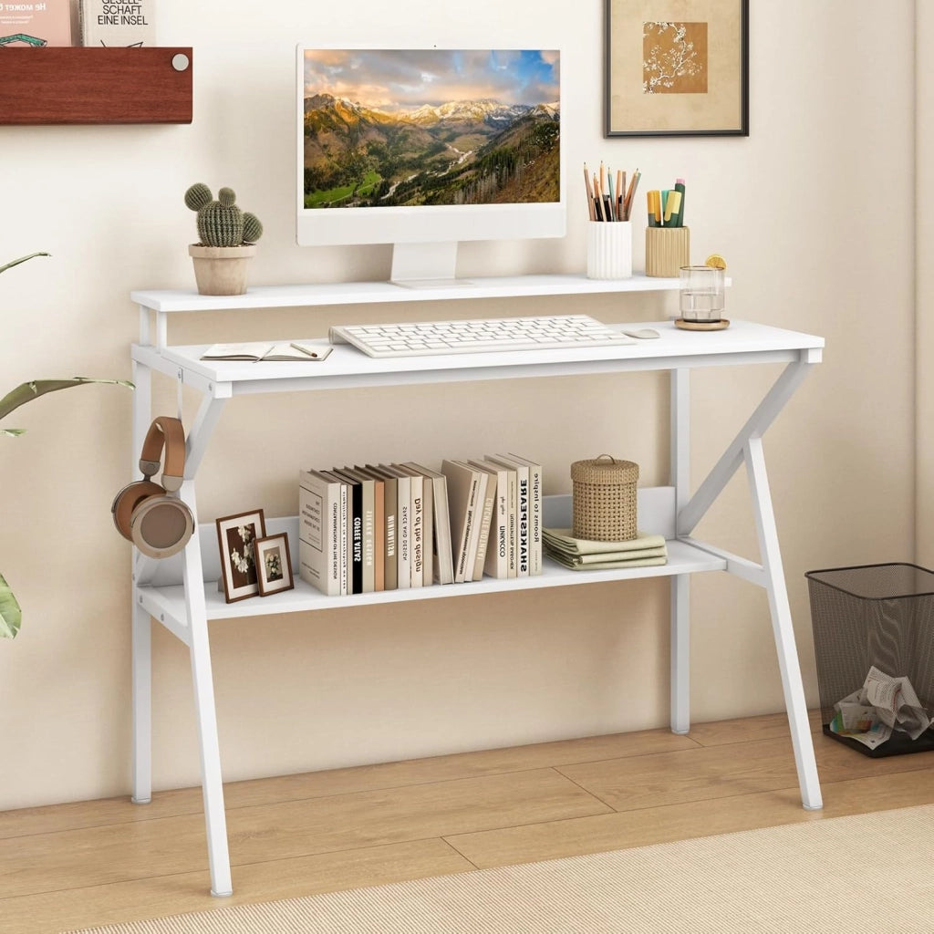 Scrivania Salvaspazio per Computer, Scrivania con Struttura Metallica, Supporto per Monitor, Gancio Pendente e Ripiano, Scrivania Versatile a Forma di R per Ufficio e Casa