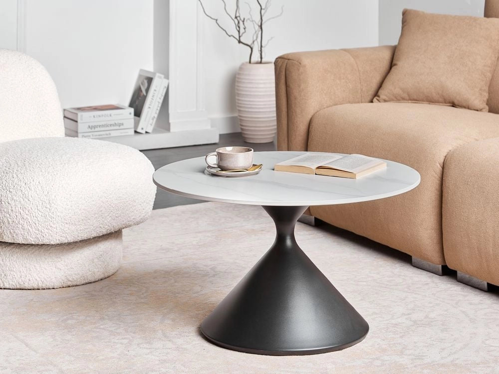 Tavolino da caffè Piano in pietra sinterizzata bianca Base in metallo nero ø 72 cm Aspetto naturale Design moderno Soggiorno