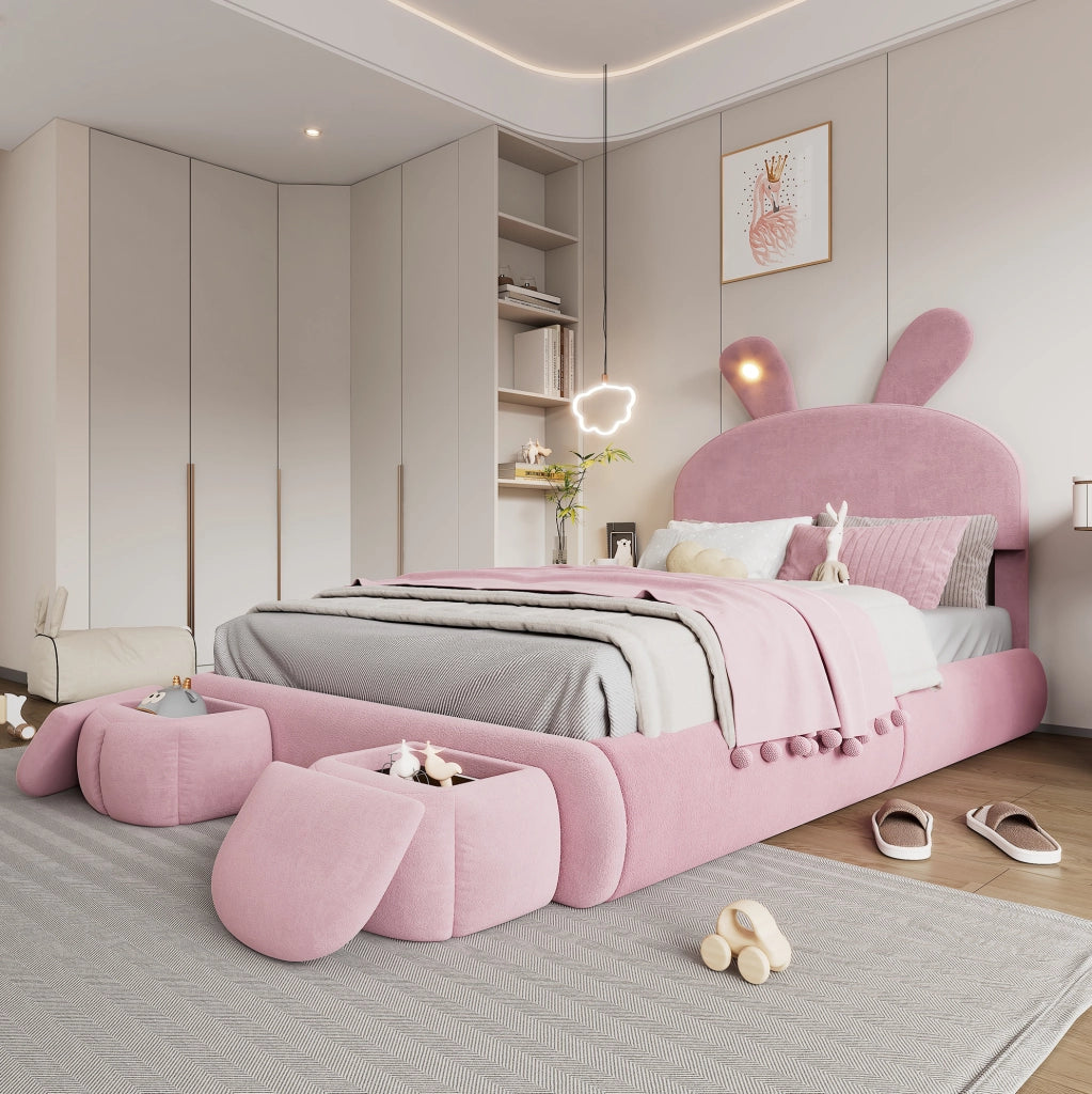 Letto imbottito 140x200 cm con contenitore e LED in velluto rosa
