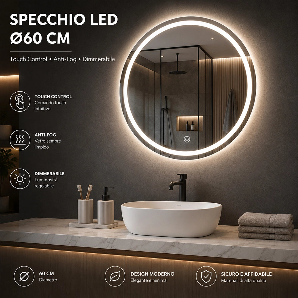 Specchio Tondo Diametro 70 cm con Led a 3 Colori Dimmerabile Accensione Touch