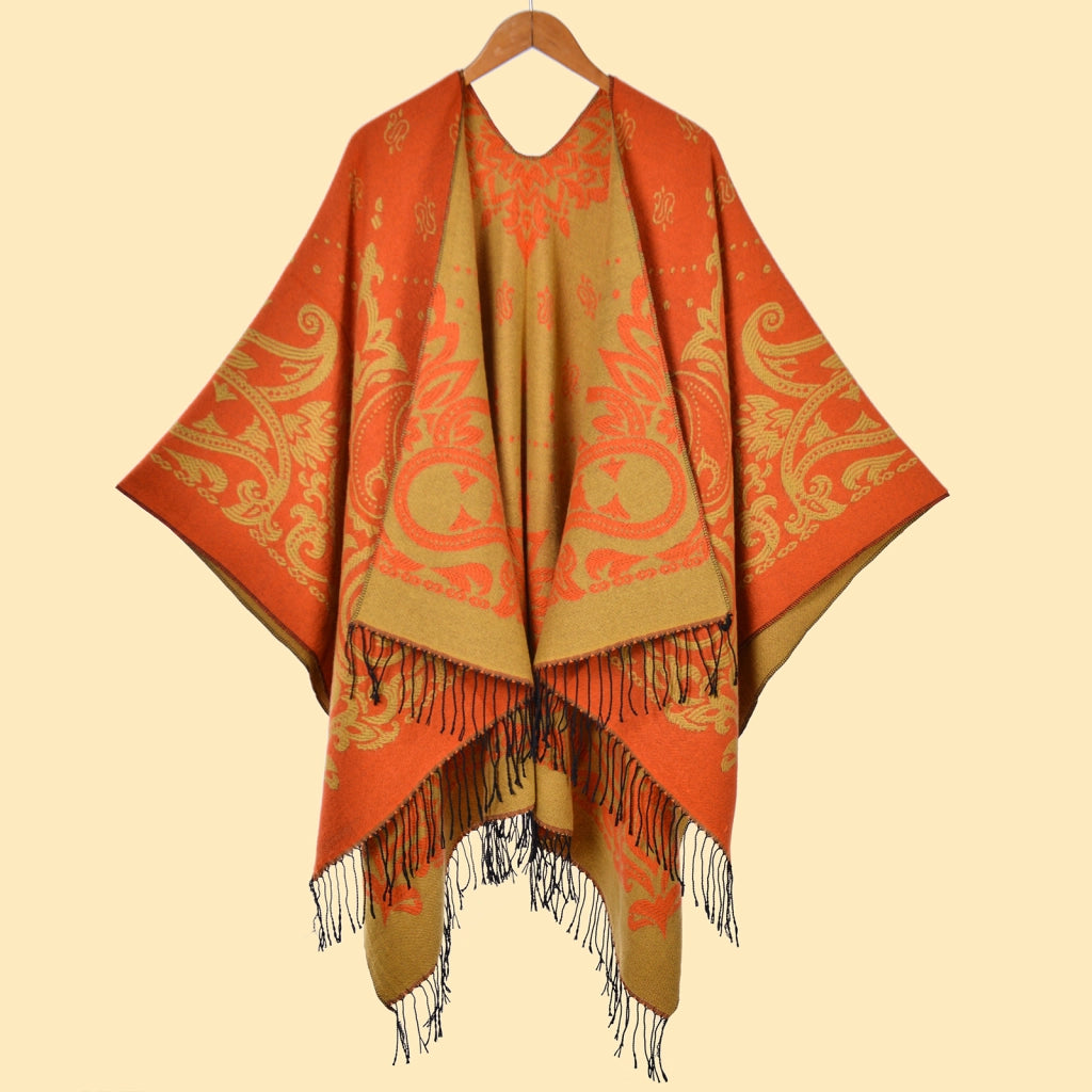 Sciarpa da donna Cashew con nappe e spacco, jacquard double face, spessa e calda.