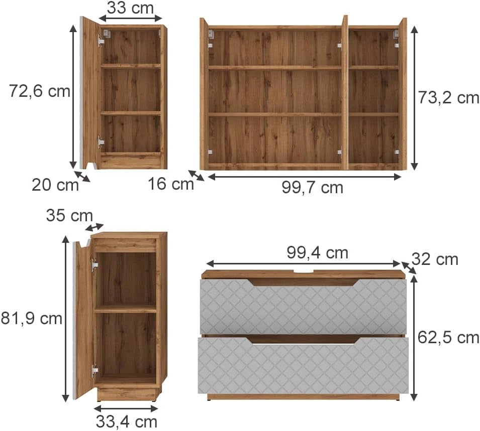 Set di mobili da bagno Lotta, Rovere/grigio con struttura in piastrelle, 4 parti