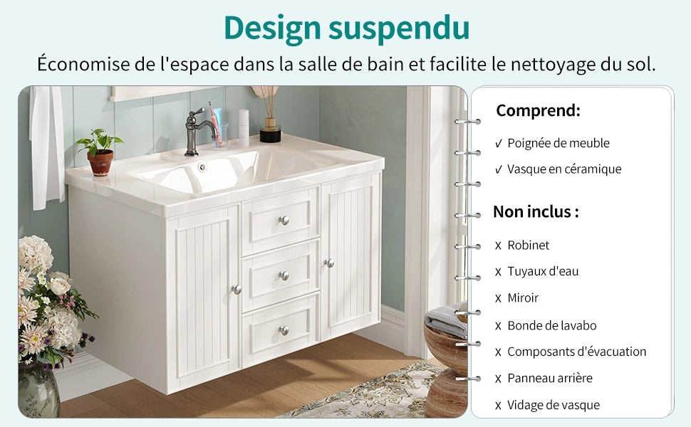 Mobile sottolavabo sospeso con lavabo in ceramica e 2 cassetti, in MDF e metallo, bianco, 78,5 × 46 × 46,8 cm