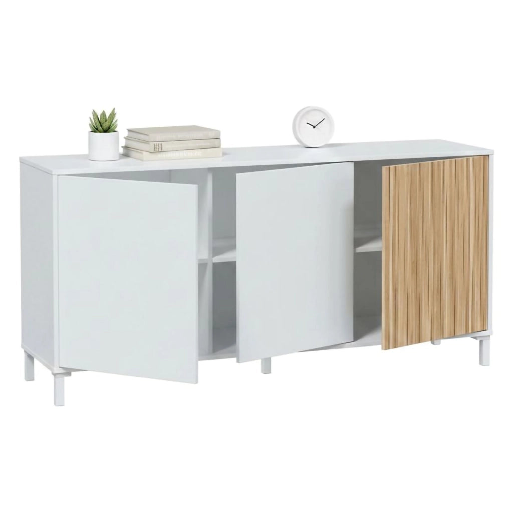 Credenza Ametista, Buffet da soggiorno a 3 ante, Madia moderna da salotto, 154x40h74 cm, Bianco