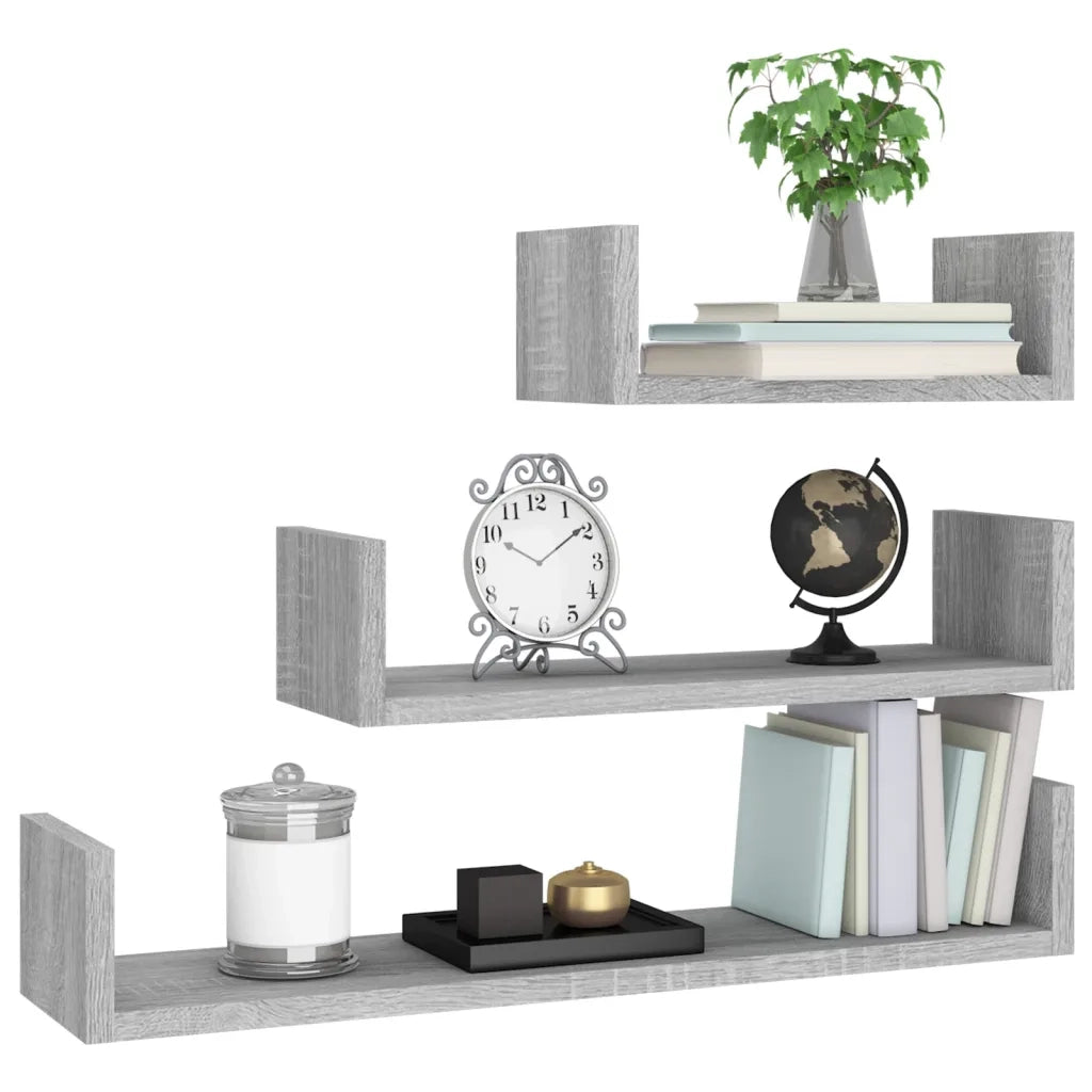 Mensole Espositive a Parete 3pz Grigio Sonoma Legno Multistrato 815262